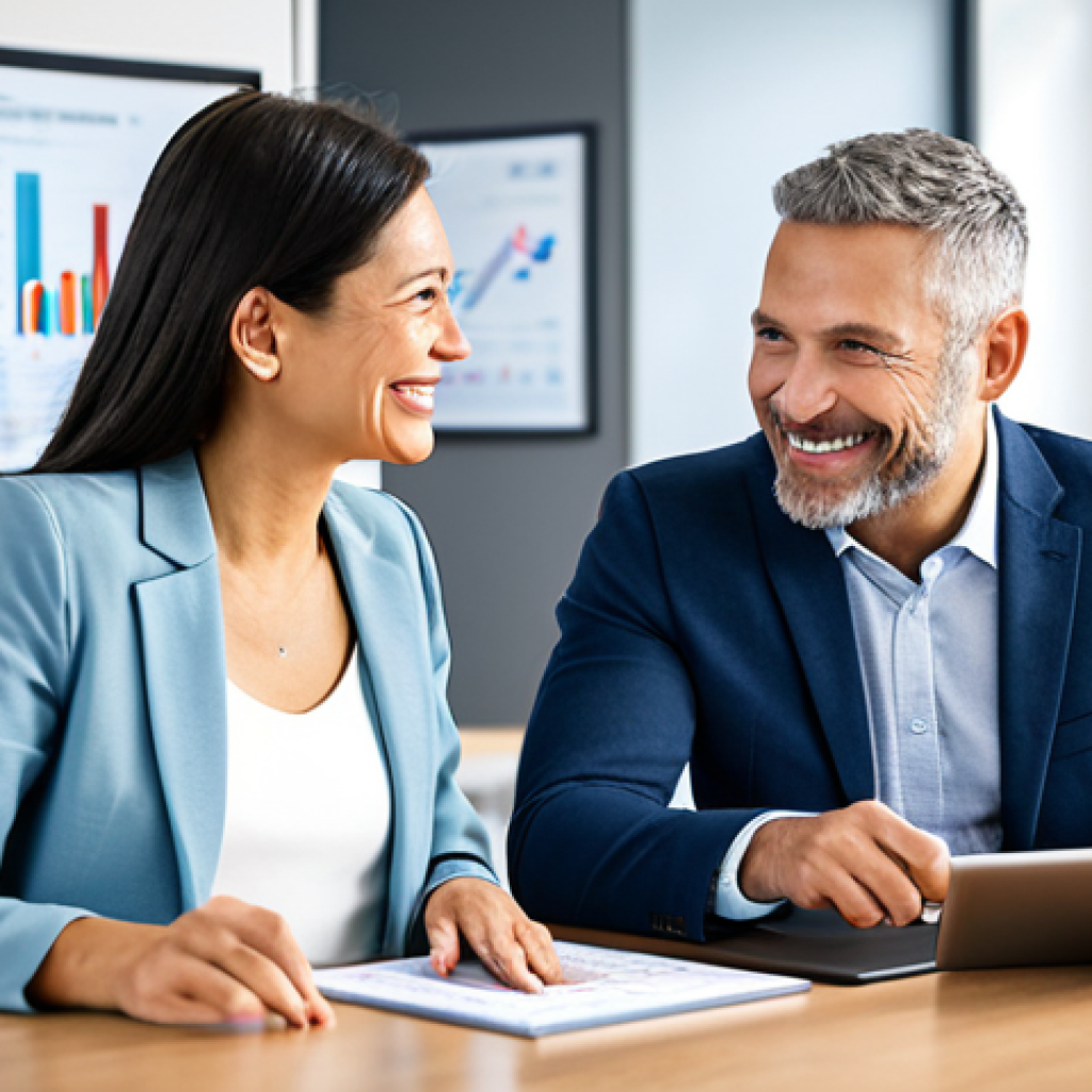 Trust and Communication**
A friendly financial advisor, fully clothed in business casual attire, sits across from a smiling female client in a bright, modern office. They are looking at a tablet displaying financial charts. Focus on genuine connection and trust. Safe for work, appropriate content, family-friendly, professional setting, perfect anatomy, correct proportions, natural pose.
**