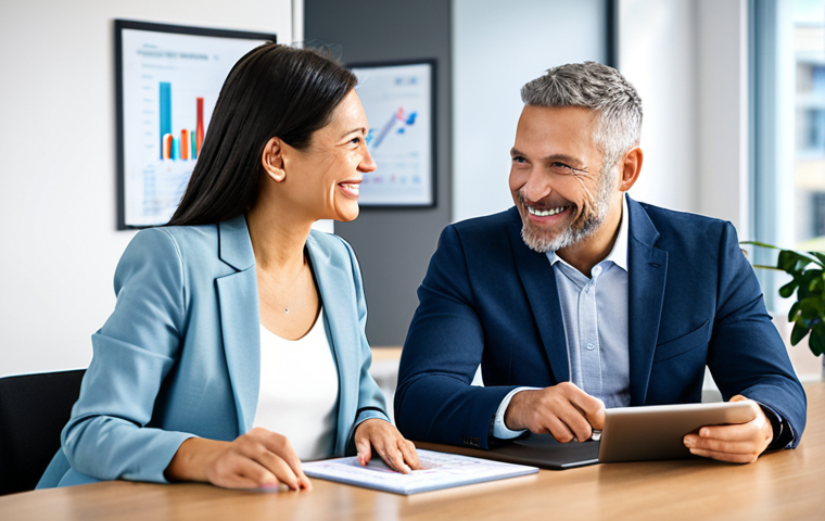 Trust and Communication**

A friendly financial advisor, fully clothed in business casual attire, sits across from a smiling female client in a bright, modern office. They are looking at a tablet displaying financial charts. Focus on genuine connection and trust. Safe for work, appropriate content, family-friendly, professional setting, perfect anatomy, correct proportions, natural pose.

**