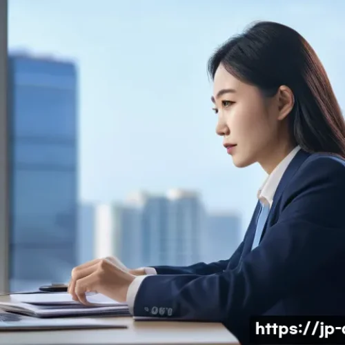 자산관리사 연봉 상승 협상 기술 - A professional Japanese asset manager in a modern office setting, dressed in a neat business suit wi...