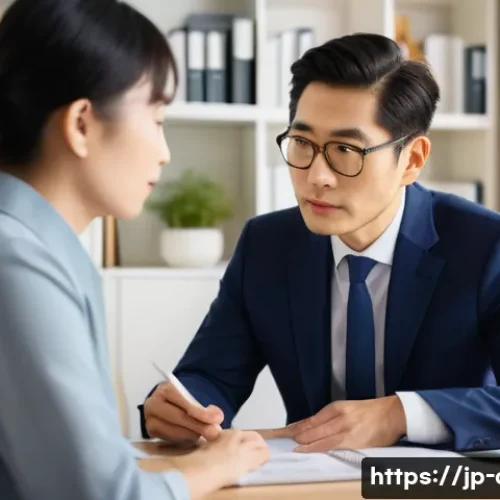 자산관리 실무에서의 커뮤니케이션 기술 - A professional Japanese financial advisor attentively listening to an elderly client in a modern off...