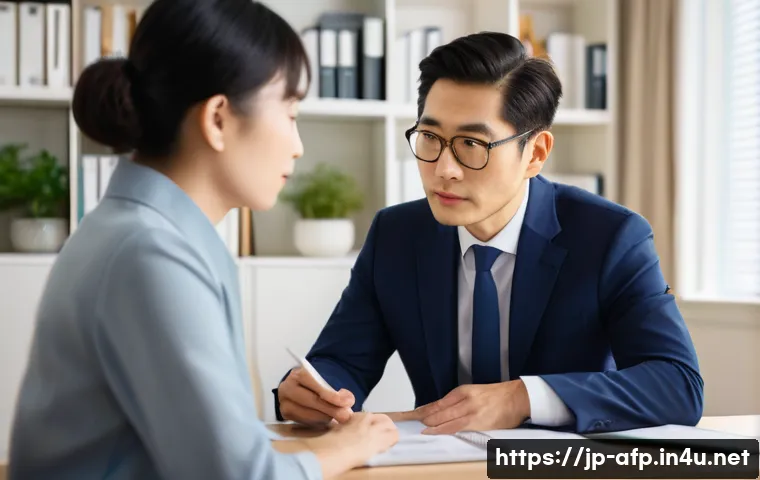자산관리 실무에서의 커뮤니케이션 기술 - A professional Japanese financial advisor attentively listening to an elderly client in a modern off...