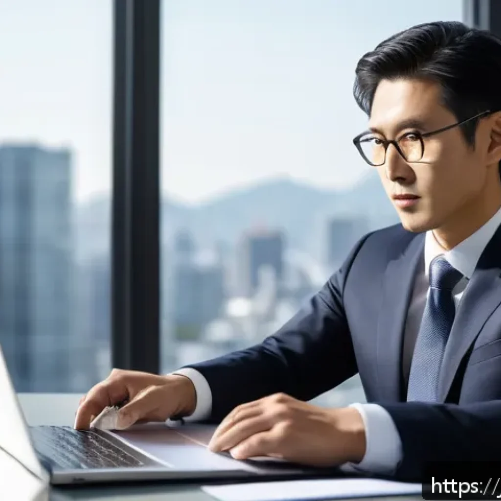 자산관리사 인터뷰 준비 팁 - A professional Japanese man in his early 30s wearing a neat dark business suit and tie, confidently ...
