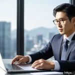 자산관리사 인터뷰 준비 팁 - A professional Japanese man in his early 30s wearing a neat dark business suit and tie, confidently ...