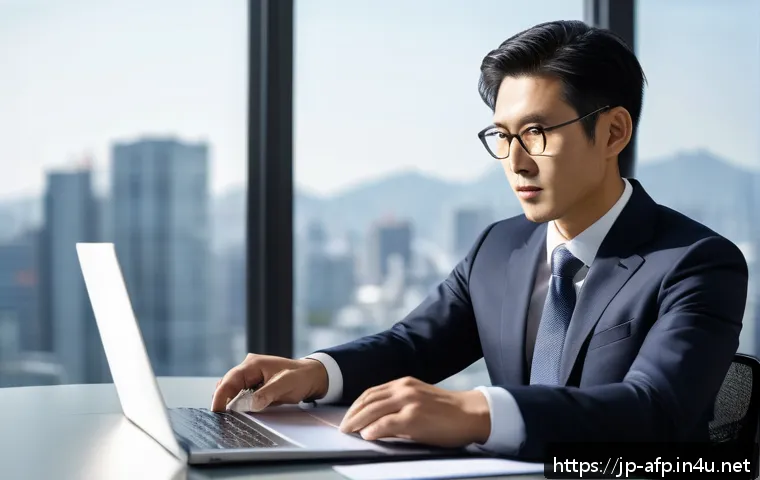 자산관리사 인터뷰 준비 팁 - A professional Japanese man in his early 30s wearing a neat dark business suit and tie, confidently ...