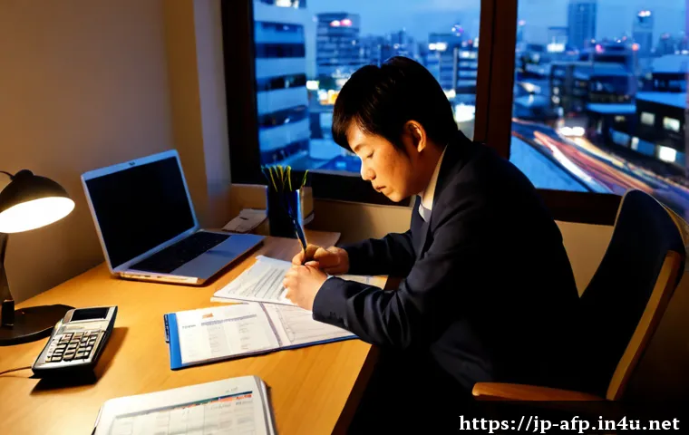 AFP 자격증 공부와 병행 가능한 직업 - Photorealistic evening scene of a Japanese office worker in their late 30s studying personal finance...