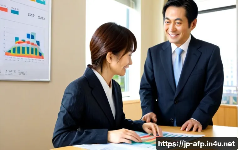 자산관리사로 일하며 얻는 보람 - Photorealistic Japanese financial advisor in a neat modern office, warmly listening to an older coup...